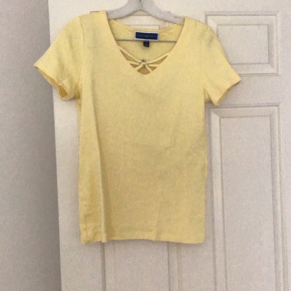 Karen Scott Light Yellow V-Neck Tee with Crisscross Detail